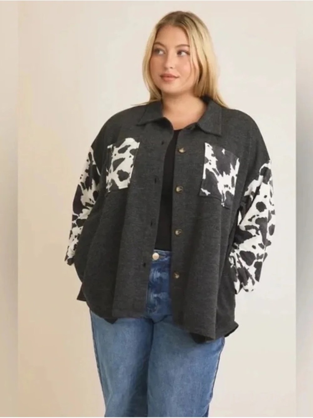 GILLI | Plus Size Boyfriend Fit Washed Cow Print Shirt Jacket